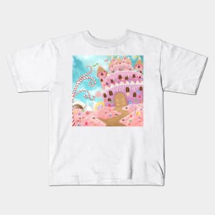 Magic cake and candy castle illustration. Fantasy sweets wonderworld background. Desserts dream landscape Kids T-Shirt